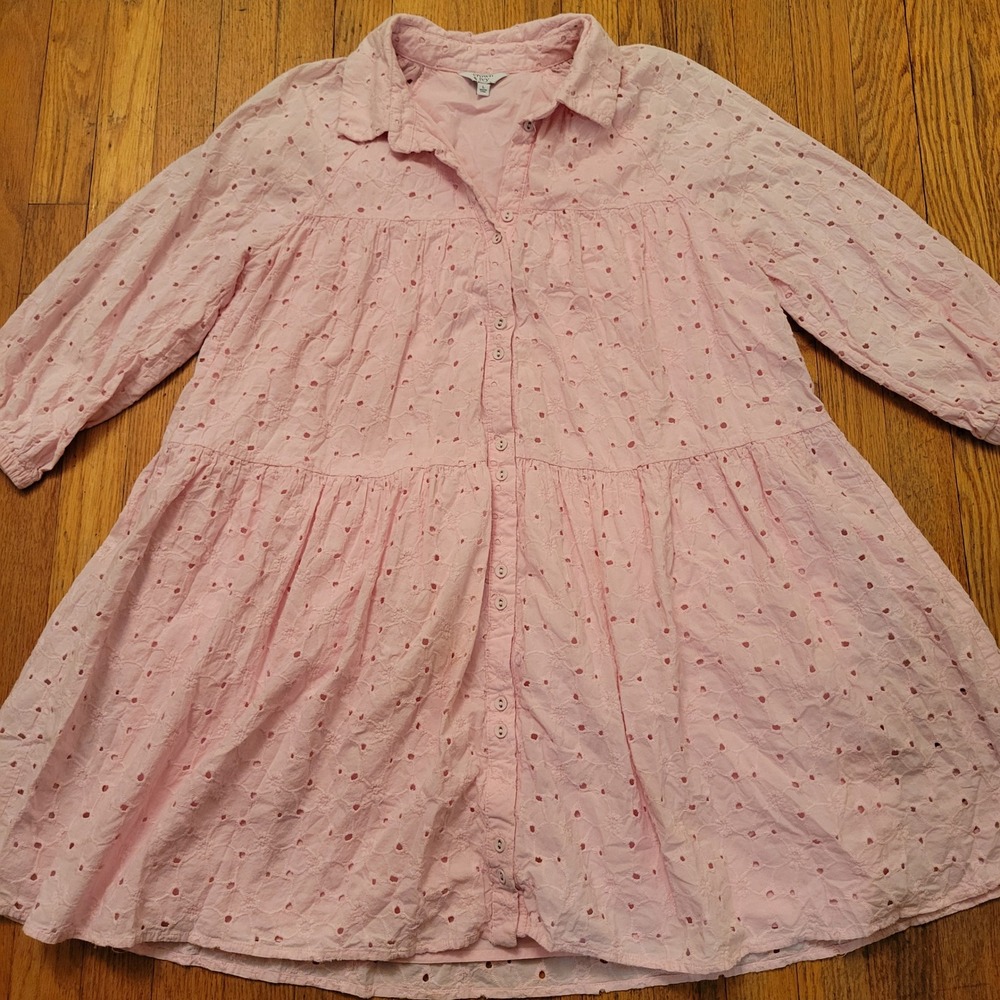 Crown Ivy L Shirt Dress Pink Eyelet Tiered Cotton Mini Cottage Boho Chic Summer - Picture 7 of 7